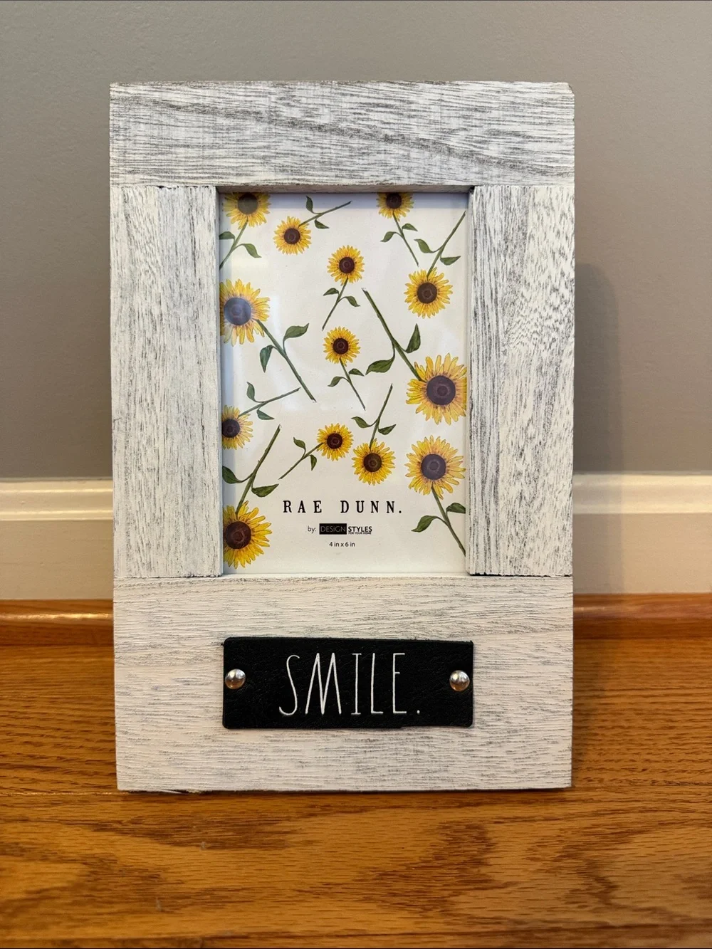 Rae Dunn Whitewashed Wood Frame with Black 'SMILE' Plaque